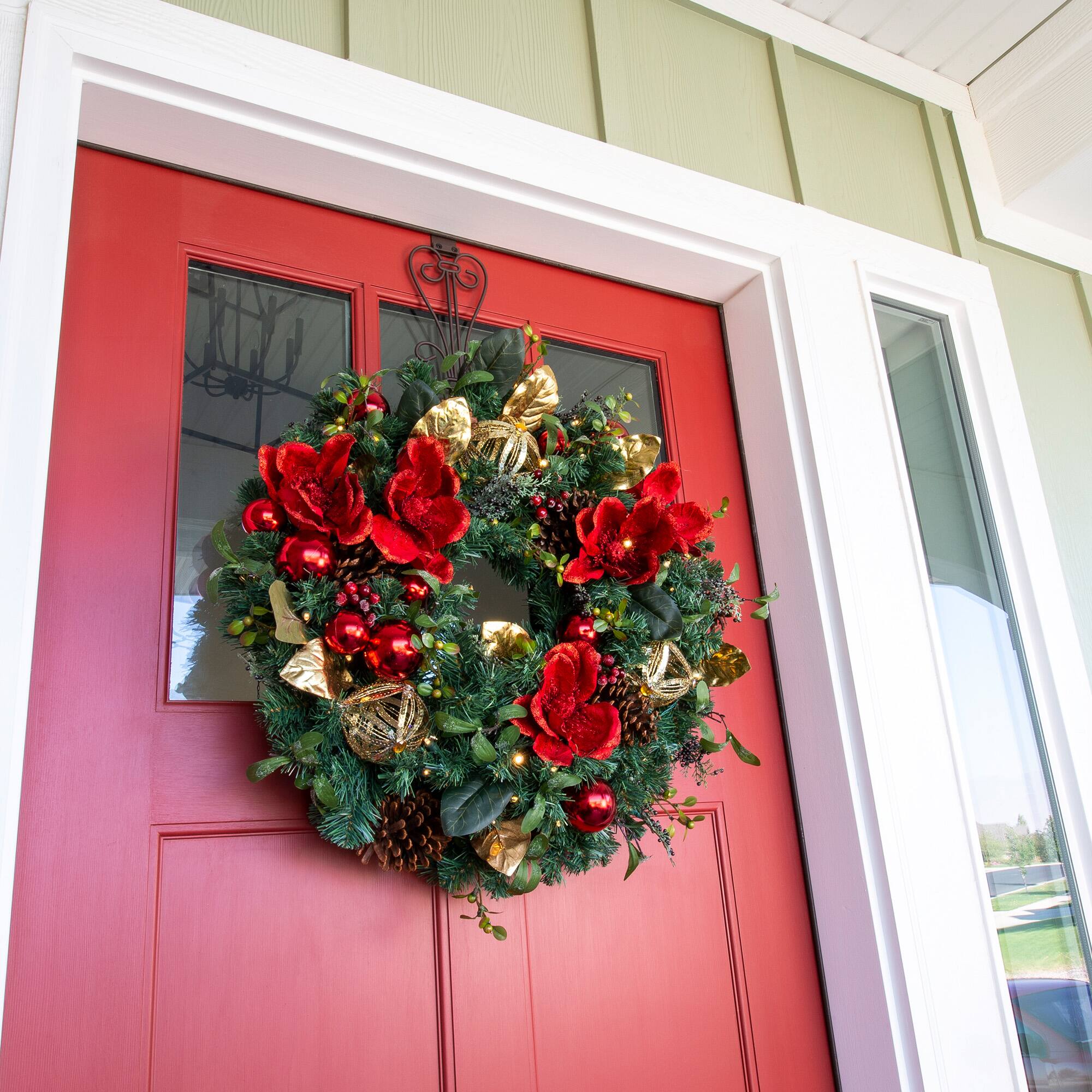 Village Lighting 30" Pre-Lit Red Magnolia Christmas Wreath, Clear LED Lights